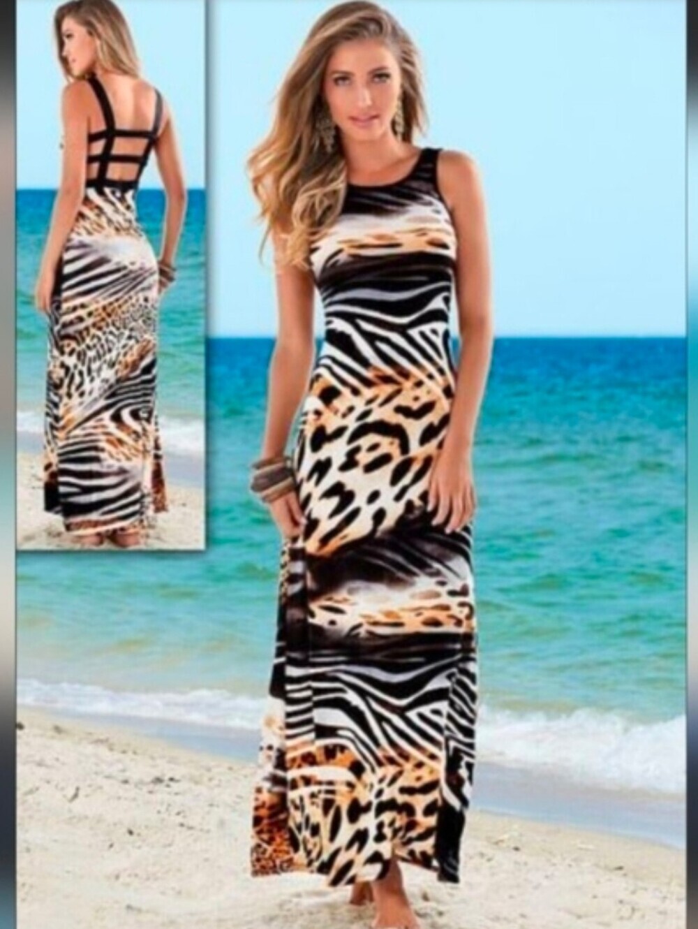 Venus Mixed Animal Print Summer Maxi Tank Dress, Cage Open Back Sheath